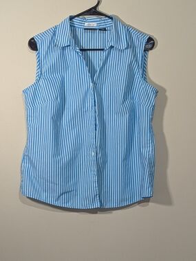 ALC At Last Classics Blue White Striped Sleeveless Button Down Wrinkle Free Blou